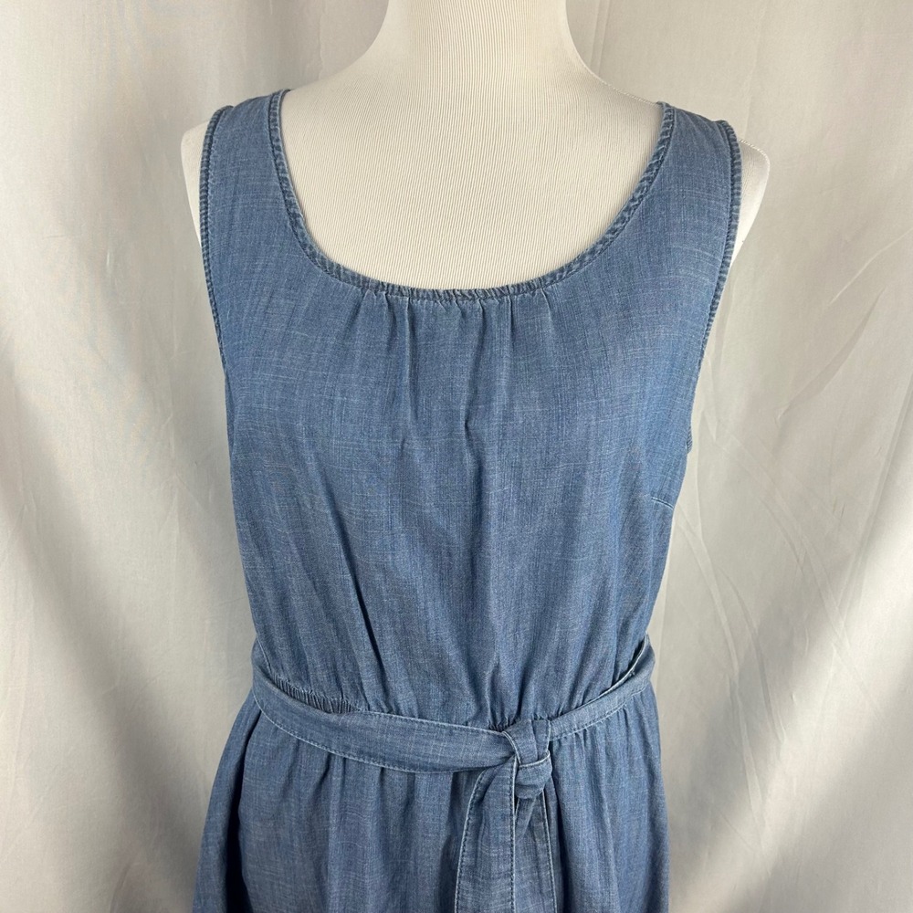 Talbots Blue Cotton Chambray Sleeveless Ruffle Hem Belted Midi Dress Womens 10 - Picture 3 of 11